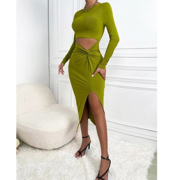 Cut Out Twist Front Slit Thigh Bodycon Lime Green Dress - Picture 2 of 6